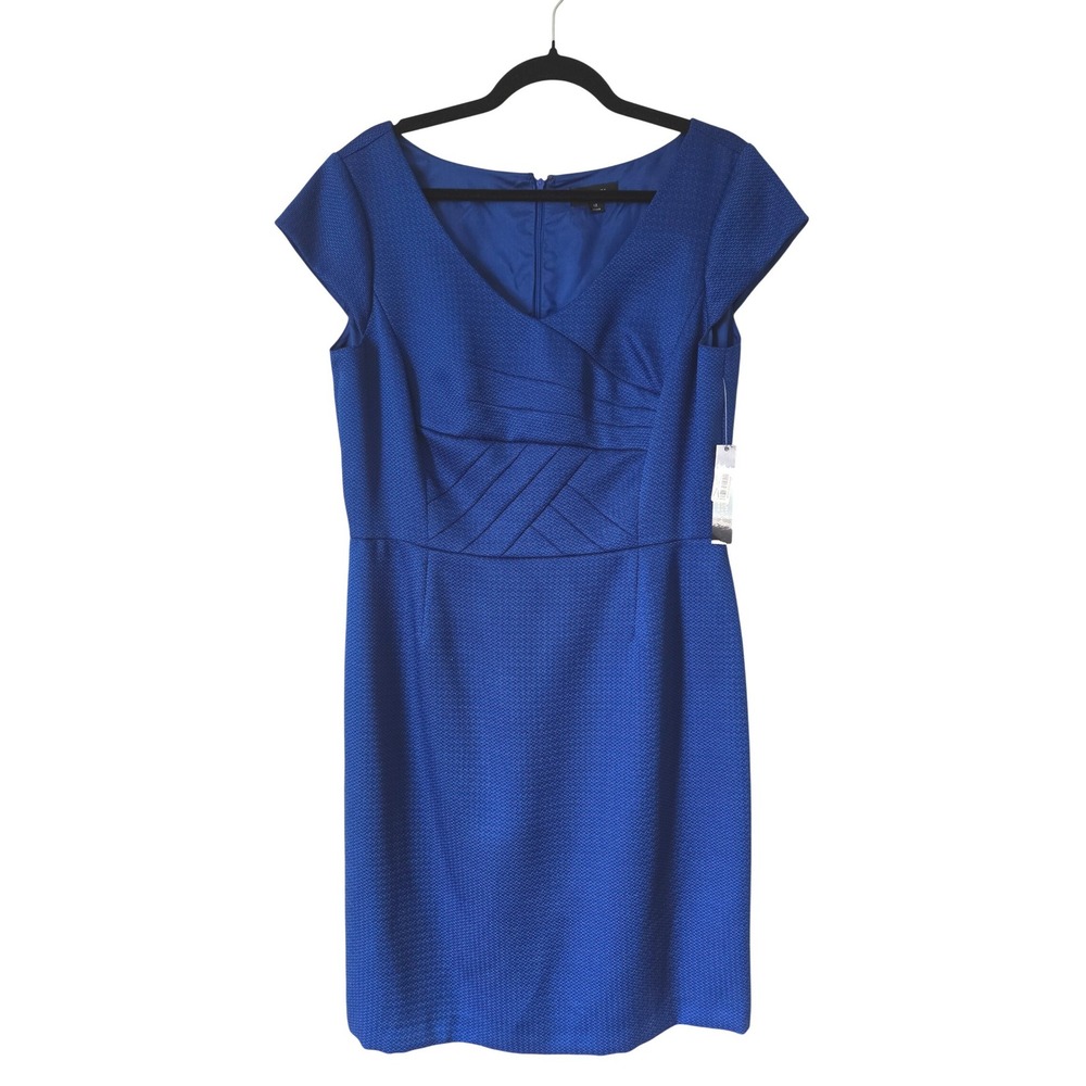 NWT Tahari 12 Sheath Dress Womens Cobalt Blue Textured V-Neck Cap Sleeve